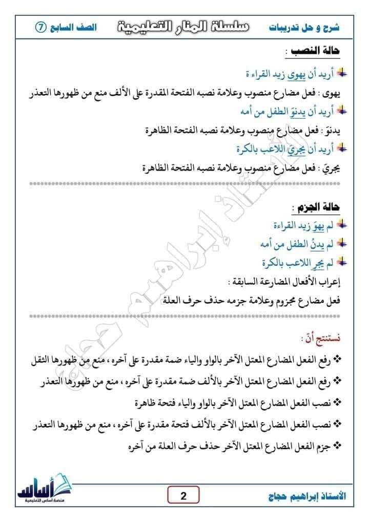 بالصور شرح إعراب الفعل المضارع معتل الآخر مادة العربية لغتي للصف السابع الفصل الاول 2024